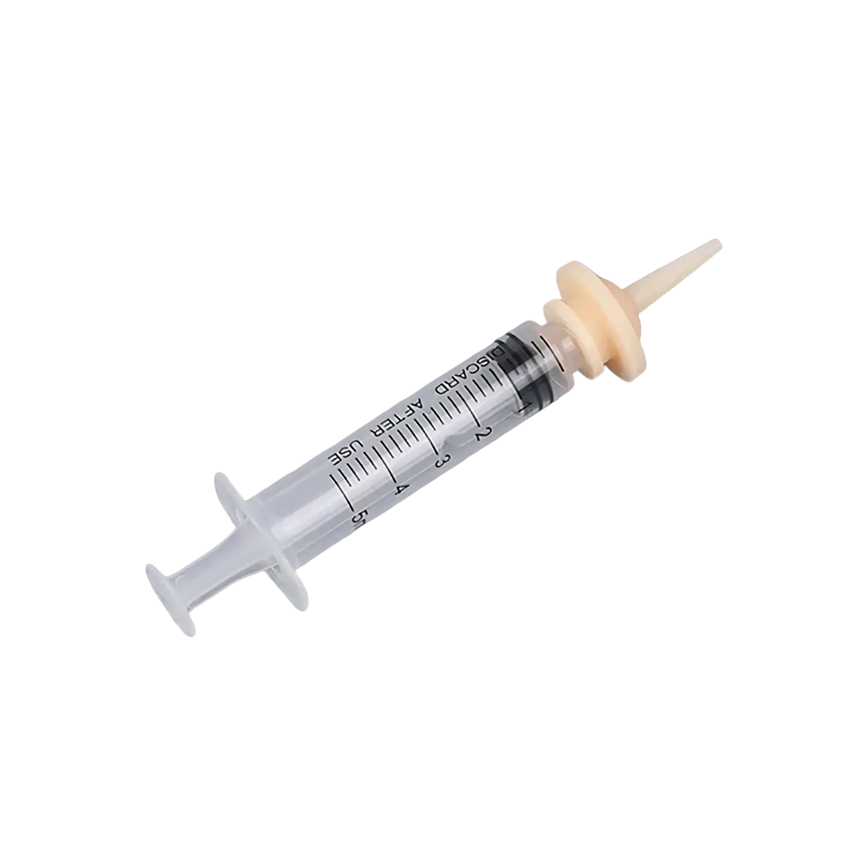 Clear plastic pet oral syringe feeding set with beige rubber bulb and tip marked m5ml for precise feeding
