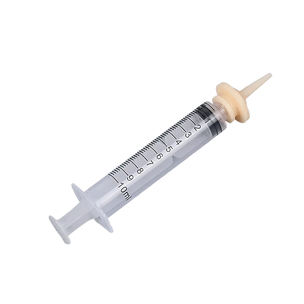 Clear plastic pet oral syringe feeding set with beige rubber plunger and silicone nipples for precise dosing