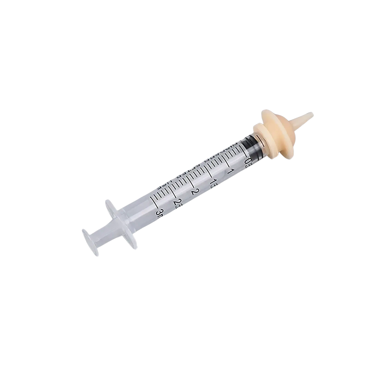 Clear plastic pet oral syringe feeding set with beige silicone nipple attachment and measurement markings