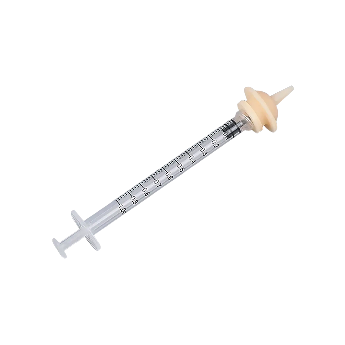 Clear plastic pet oral syringe feeding set with beige silicone nipple and measurement markings for precise feeding
