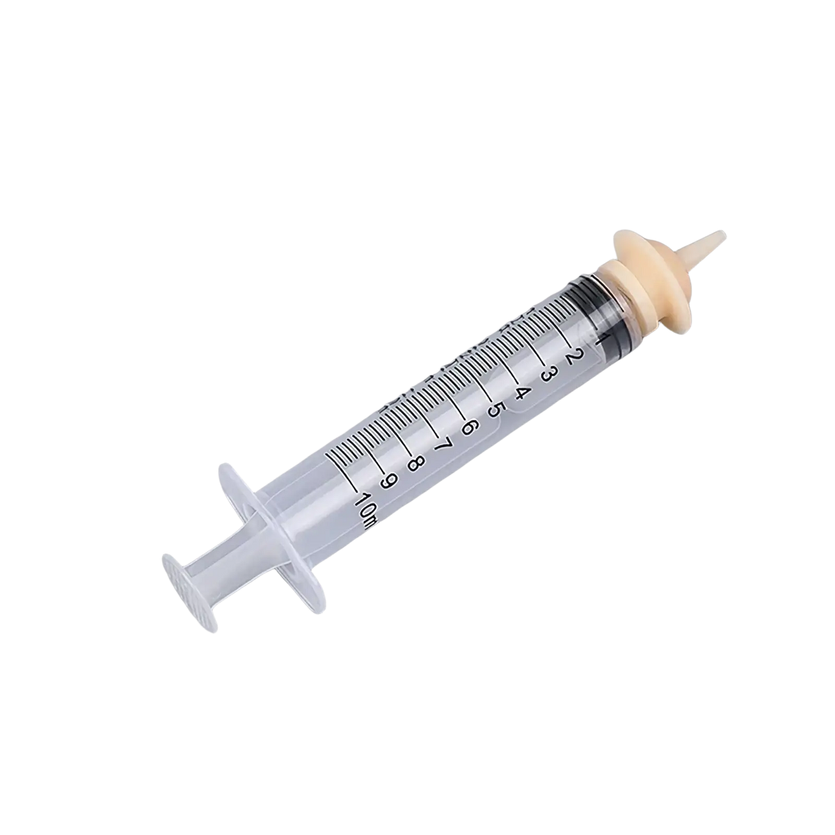 Clear plastic pet oral syringe feeding set with beige silicone nipple and 10ml measurement markings visible