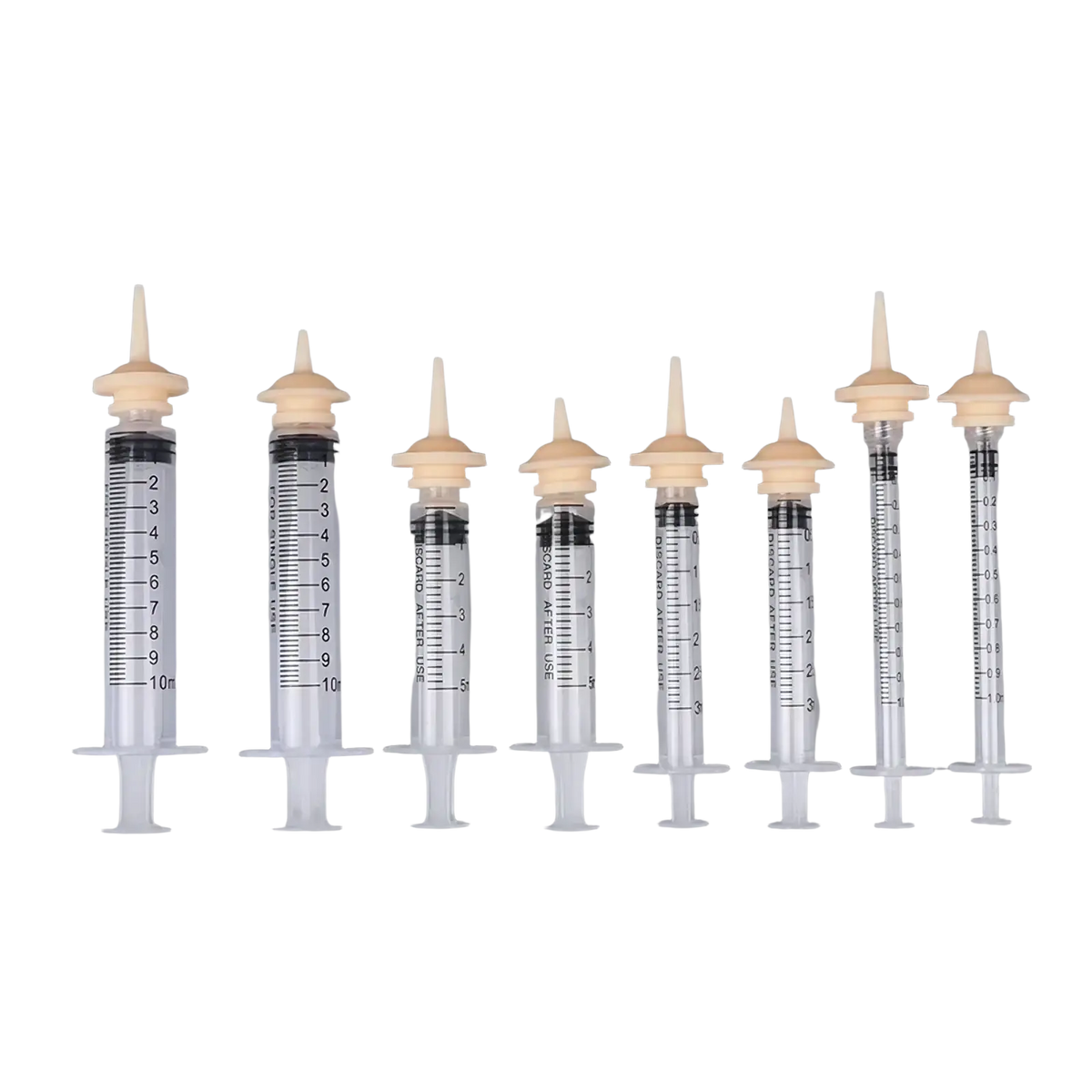 Clear plastic pet oral syringe feeding set with beige caps black measurement markings and silicone nipples