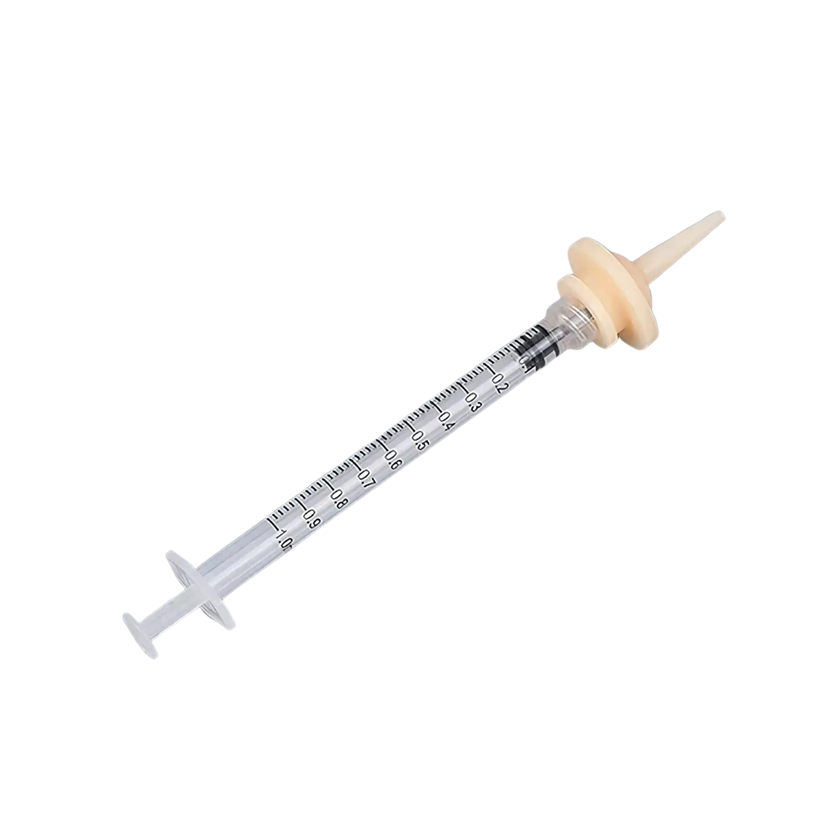 Clear plastic pet oral syringe with beige rubber bulb and silicone tapered tip marked m plus 1ml for feeding