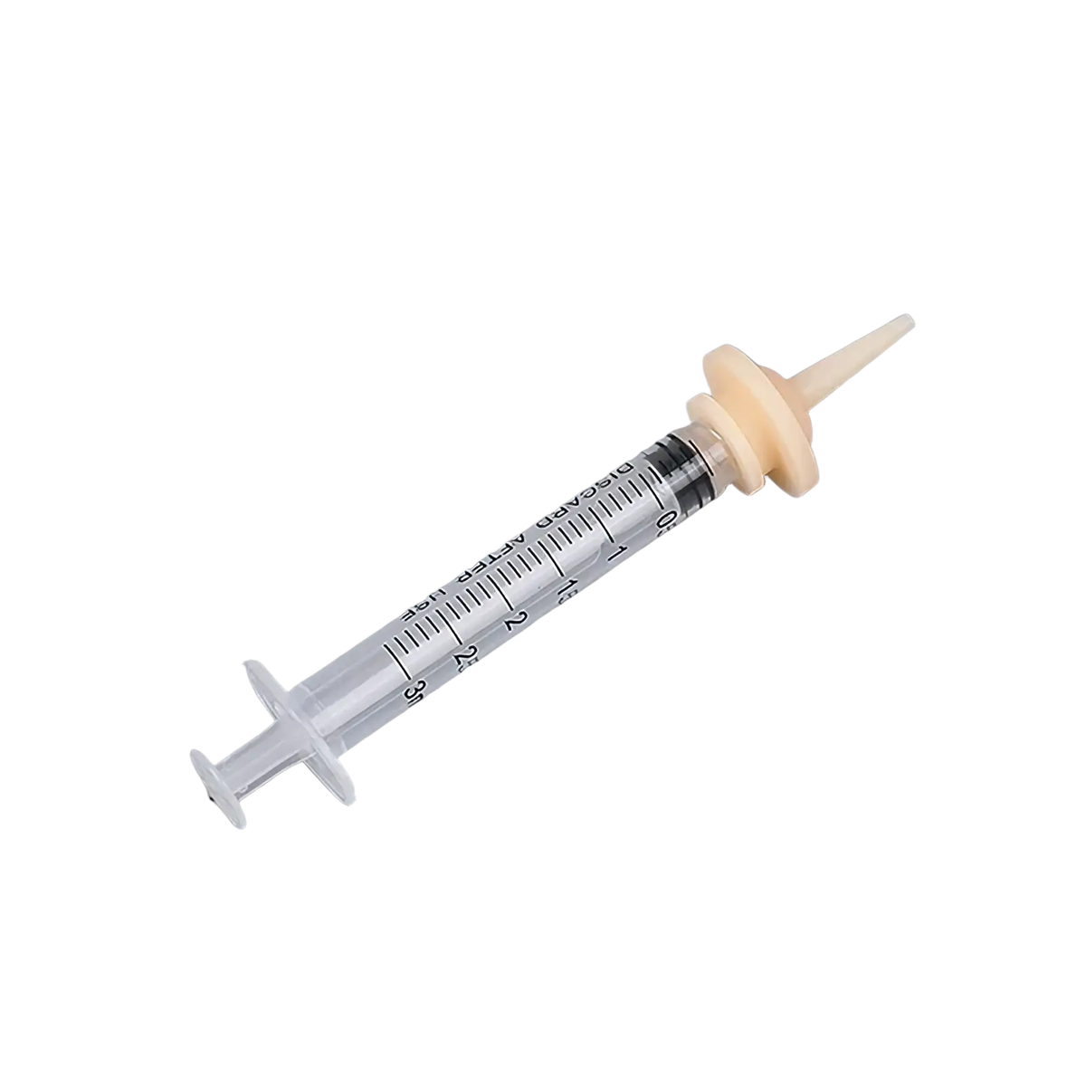 Clear plastic pet oral syringe feeding set with beige rubber tip, silicone nipples, measurement markings, 3.2cm length