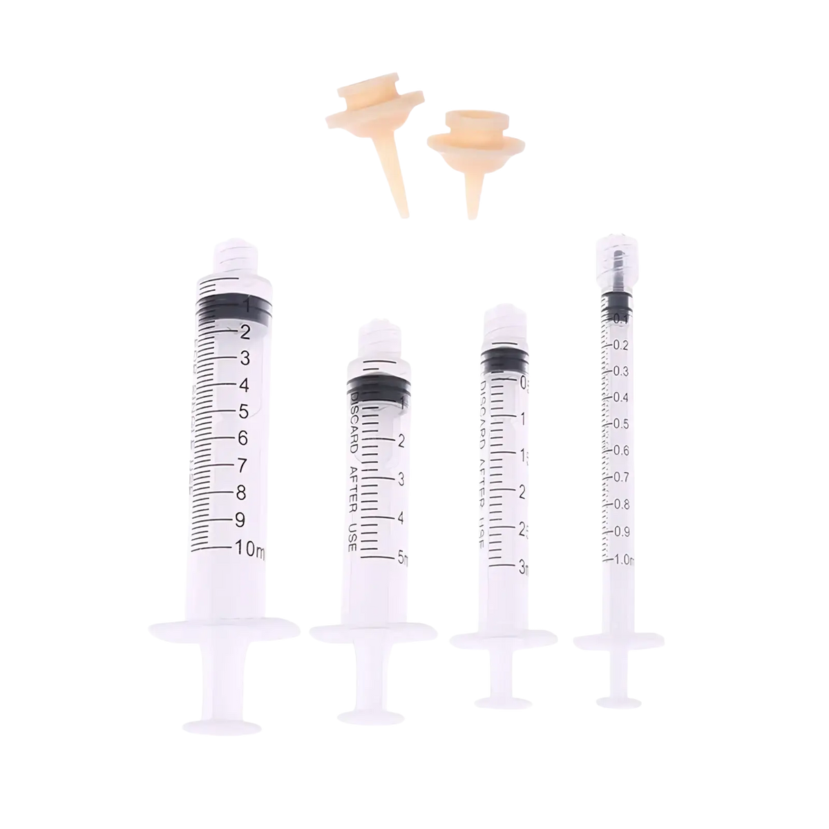 Set of four clear plastic pet oral syringes with black markings and two beige silicone feeding nipples