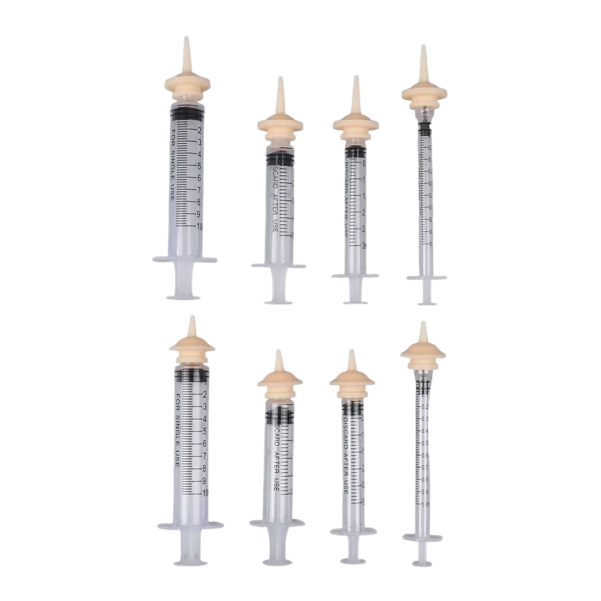 Set of six clear plastic pet oral syringes with beige caps and black markings designed for single use with silicone nipples