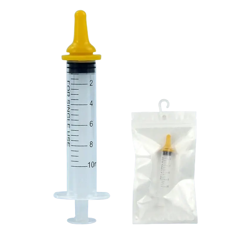 Clear plastic pet oral syringe with yellow silicone nipple feeder and black seal marked for single use