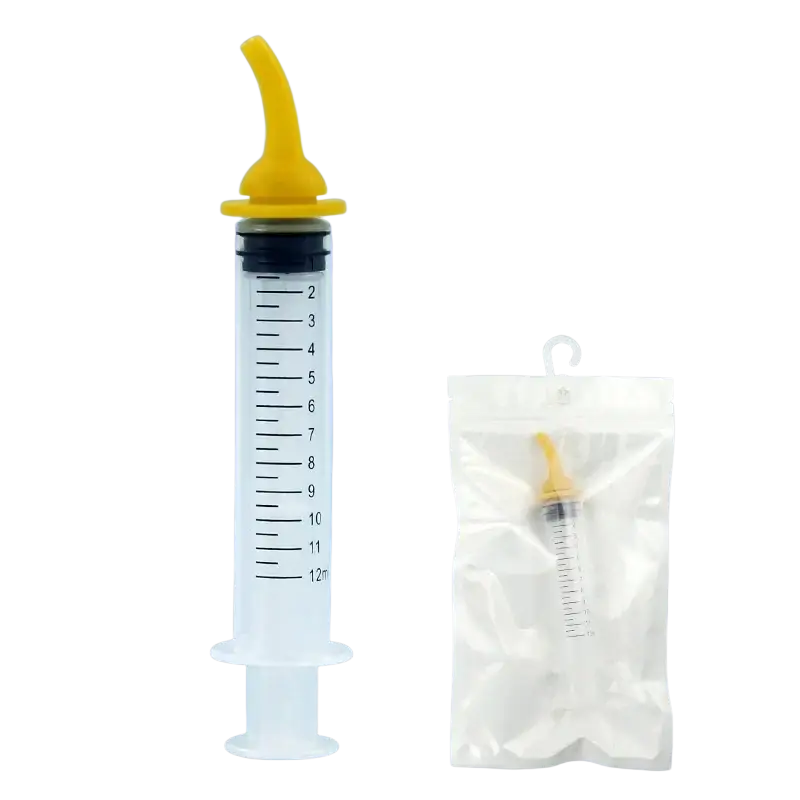 Clear plastic pet oral syringe with yellow nozzle and black plunger packaged in transparent bag for feeding pets