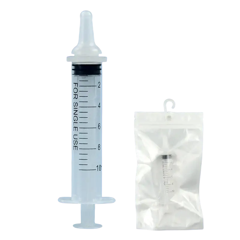 Clear plastic pet oral syringe with black plunger and white cap marked for single use with silicone nipple feeder