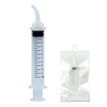 Clear plastic nasal irrigation oral syringe with curved white tip and black plunger next to its packaging for pets