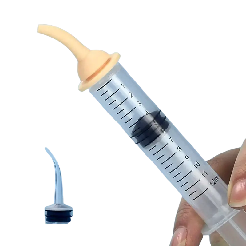 Clear plastic oral syringe with beige curved silicone nipple feeder and black plunger for pet use