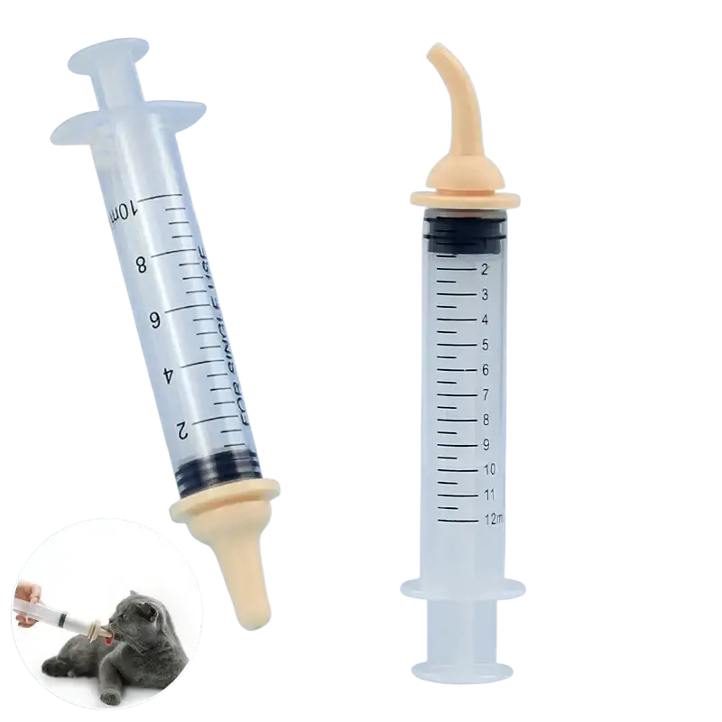 Clear plastic pet oral syringe with beige silicone nipple feeder designed for administering liquid medicine or formula