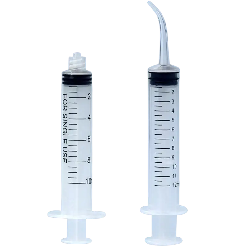Two transparent plastic pet oral syringes with standard needle cap and curved dental tip for precise feeding