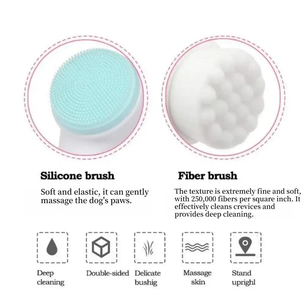 Pet paw cleaner silicone grooming brush with soft light blue silicone bristles and elastic white base for gentle massage