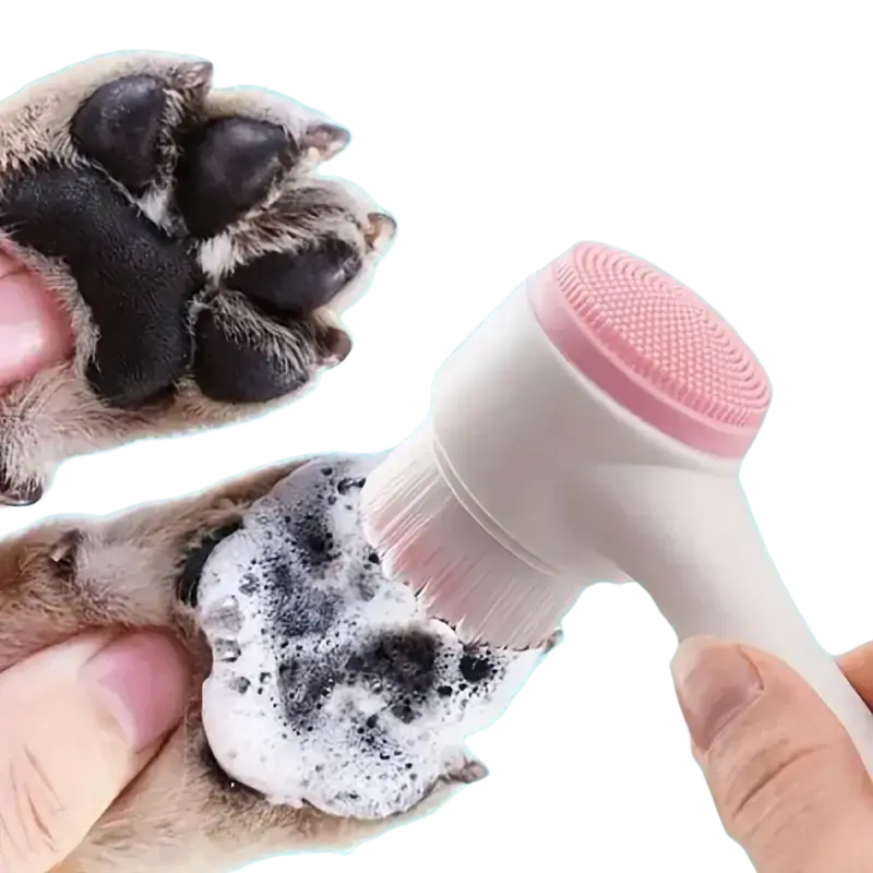 Pink and white silicone pet paw cleaner brush designed for gentle pet paw grooming and cleaning purposes