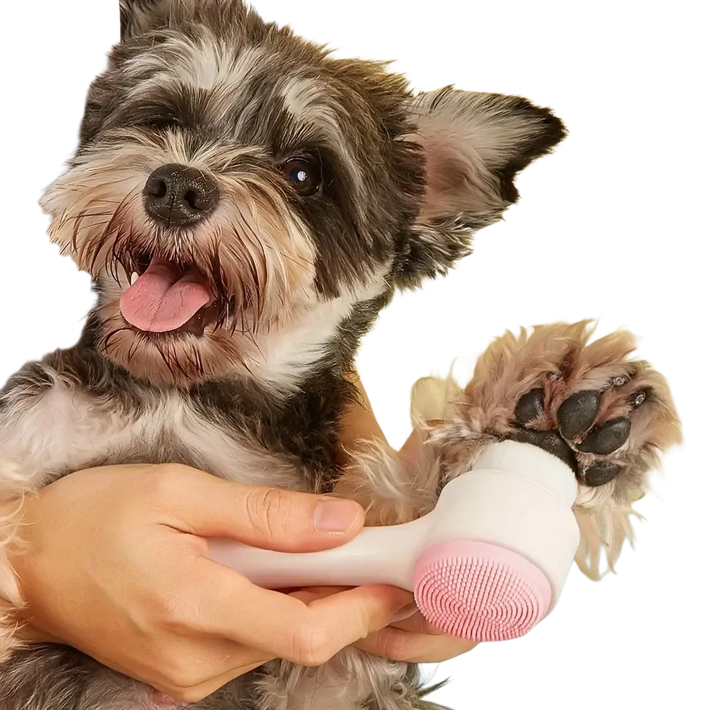 White and pink pet paw cleaner silicone grooming brush with soft silicone bristles for gentle pet paw care