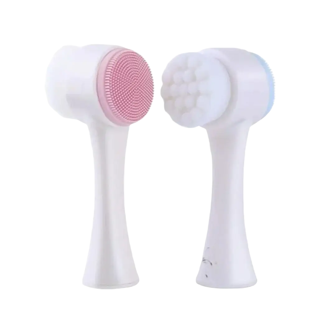 White plastic pet paw cleaner with pink and white fiber brush heads featuring dense and soft bristle designs