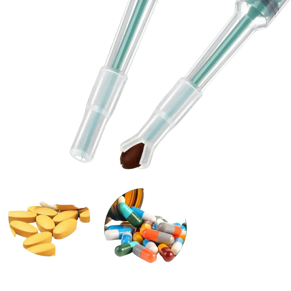 Clear plastic pet pill dispensers with green tint and brown rounded tip featuring replacement head for easy use