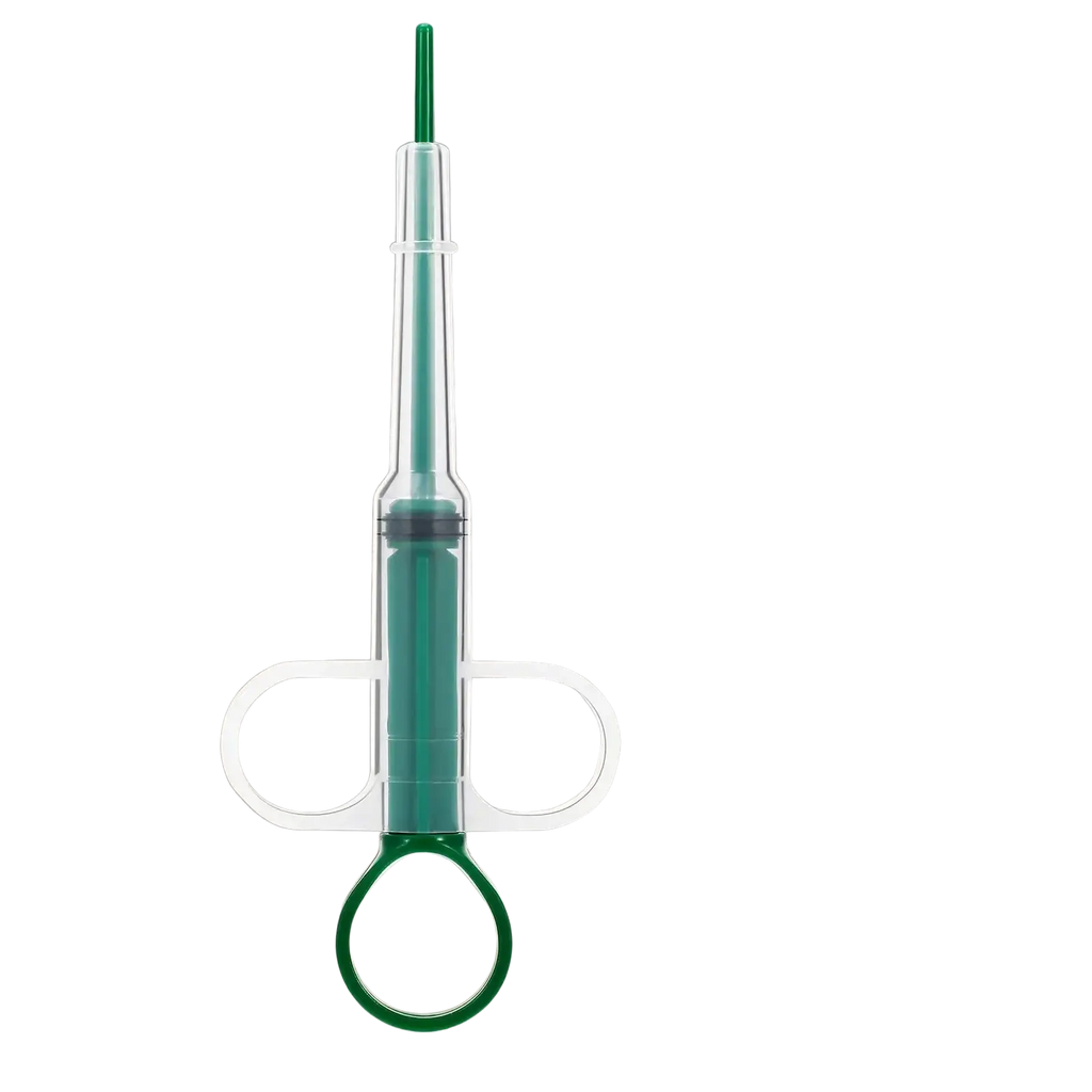 Green and clear plastic pet pill dispenser with replacement head and two white caps for cat deworming medication