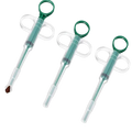 Three green and clear plastic pet pill dispensers with ring handles featuring a replacement head for medication delivery