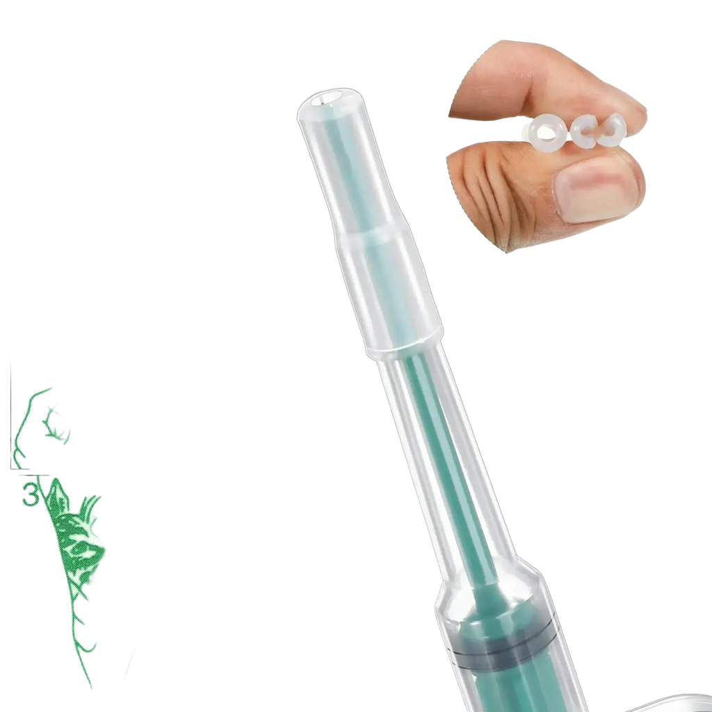 Transparent plastic pet pill dispenser with teal replacement head and white silicone tips for cat ear cleaning