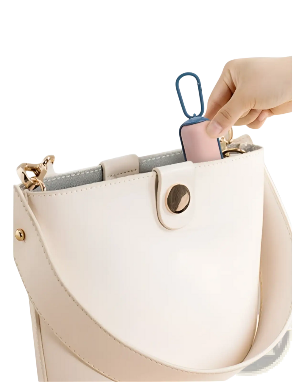 A compact pink and blue foldable umbrella with carabiner clip for pet poop bag dispenser attachment