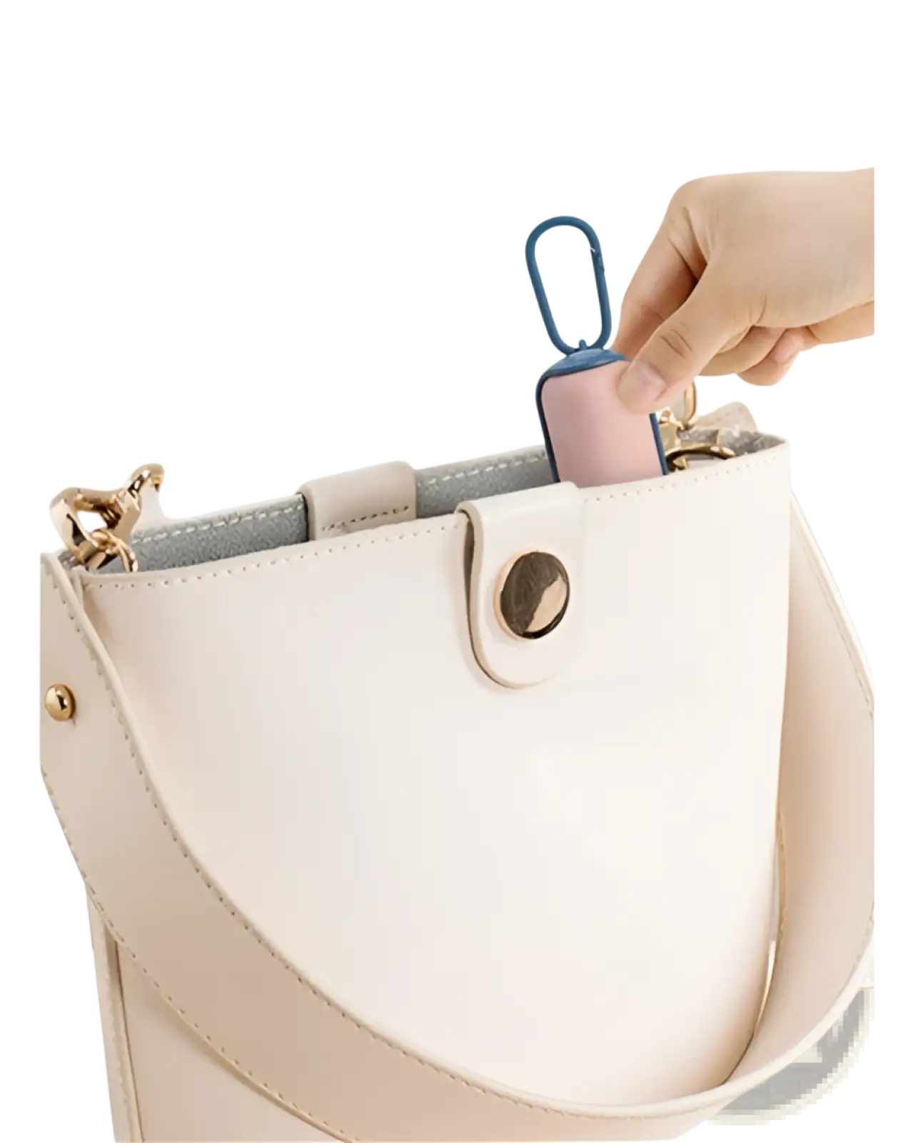 A compact pink and blue foldable umbrella with carabiner clip for pet poop bag dispenser attachment