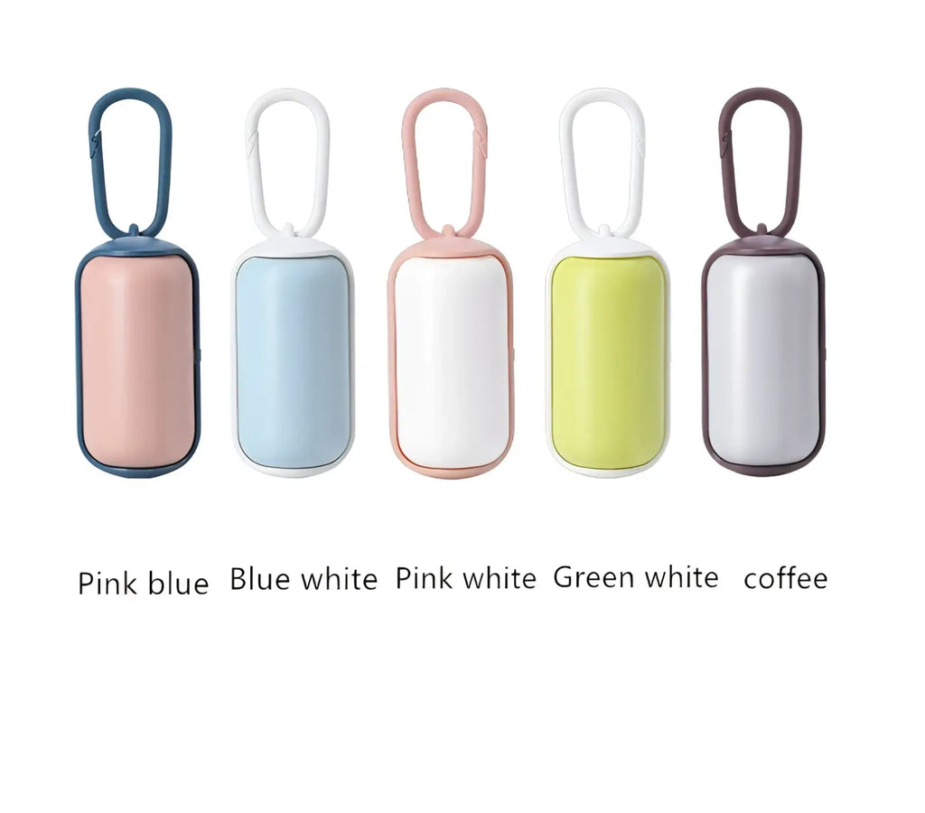 Pastel-colored rectangular pet poop bag dispenser with matching carabiner clip for convenient waste disposal