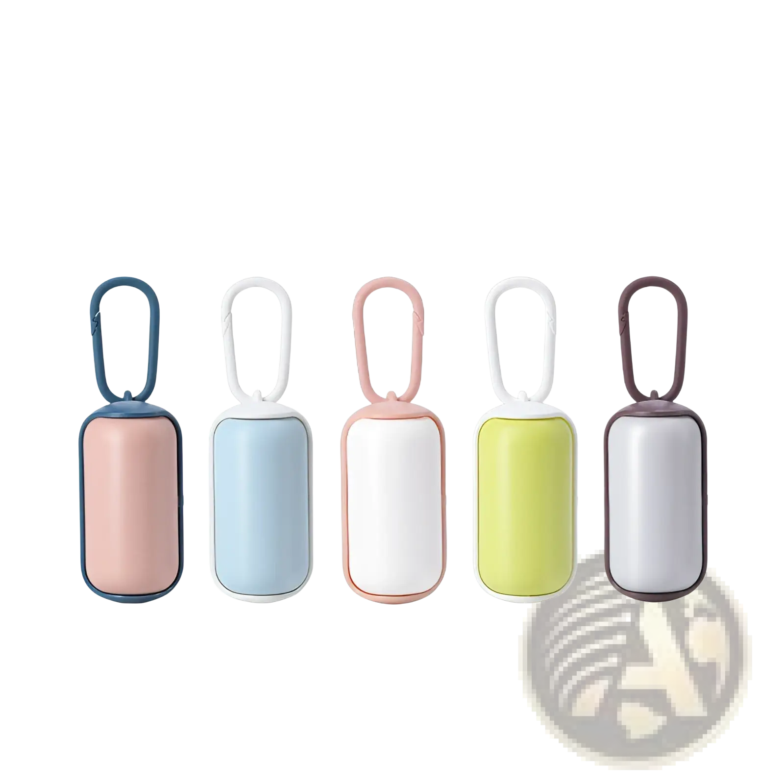 Pastel-colored sleek plastic pet poop bag dispenser with matching carabiner clip for easy attachment and use