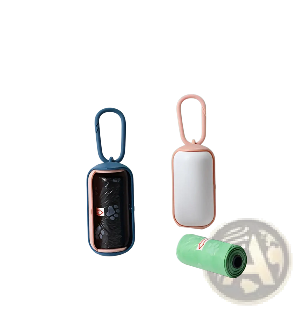 Two compact rectangular pet poop bag dispensers with carabiner clips in navy blue and soft pink holding biodegradable liners