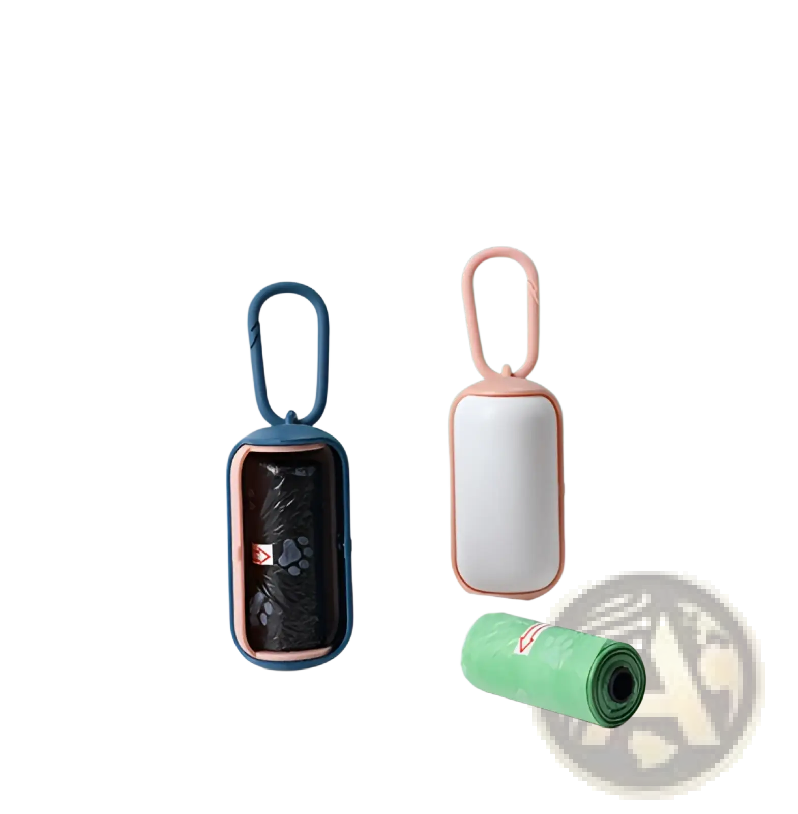 Two compact rectangular pet poop bag dispensers with carabiner clips in navy blue and soft pink holding biodegradable liners
