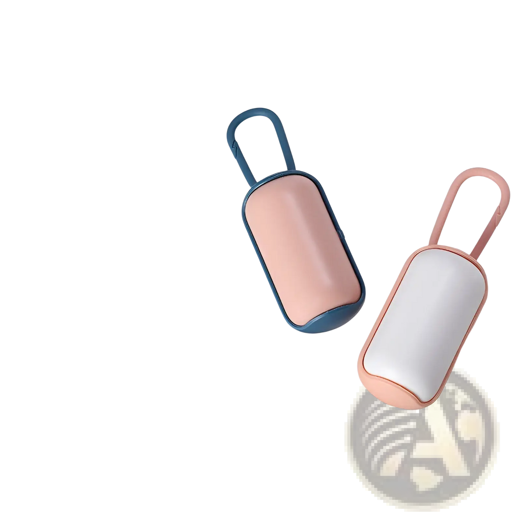 Pet poop bag dispenser with carabiner clip showing two compact rectangular bags in dusty rose with teal frame and blush pink with peach handle