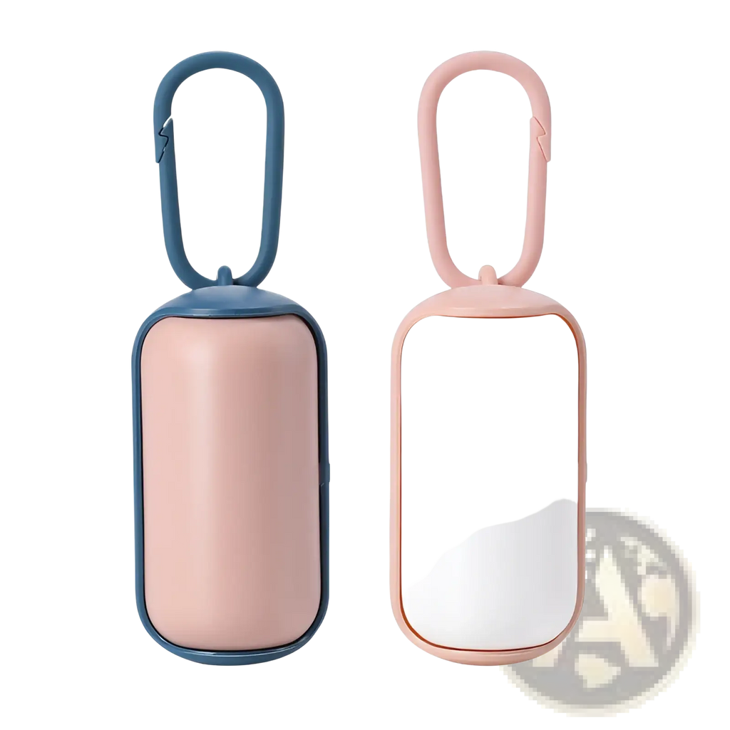 Pet poop bag dispensers with carabiner clips in soft pink navy blue and pale pink white plastic rectangular cases