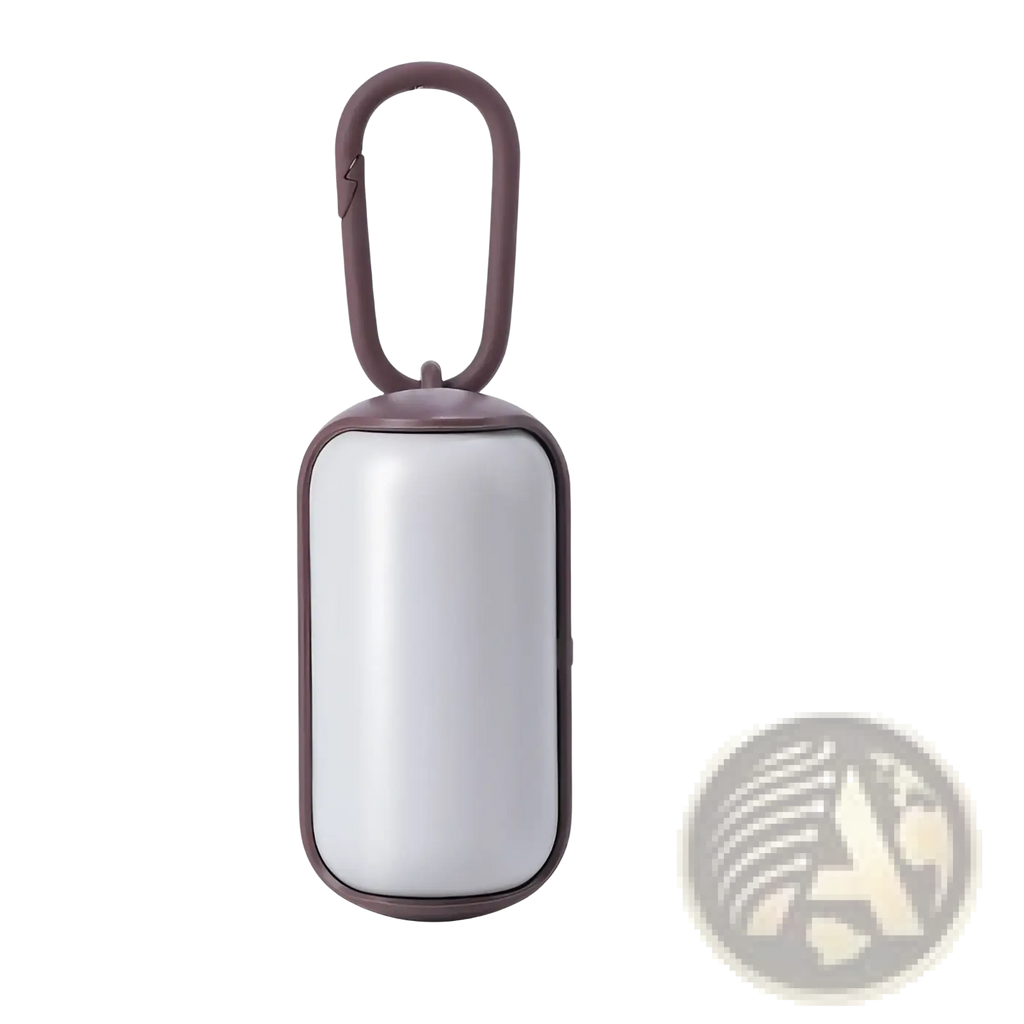 Pet poop bag dispenser with a sleek matte gray body and dark brown metal carabiner clip for easy attachment