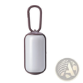 Pet poop bag dispenser with a sleek matte gray body and dark brown metal carabiner clip for easy attachment