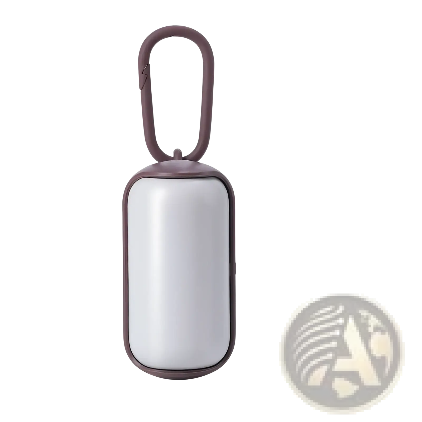 Pet poop bag dispenser with a sleek matte gray body and dark brown metal carabiner clip for easy attachment