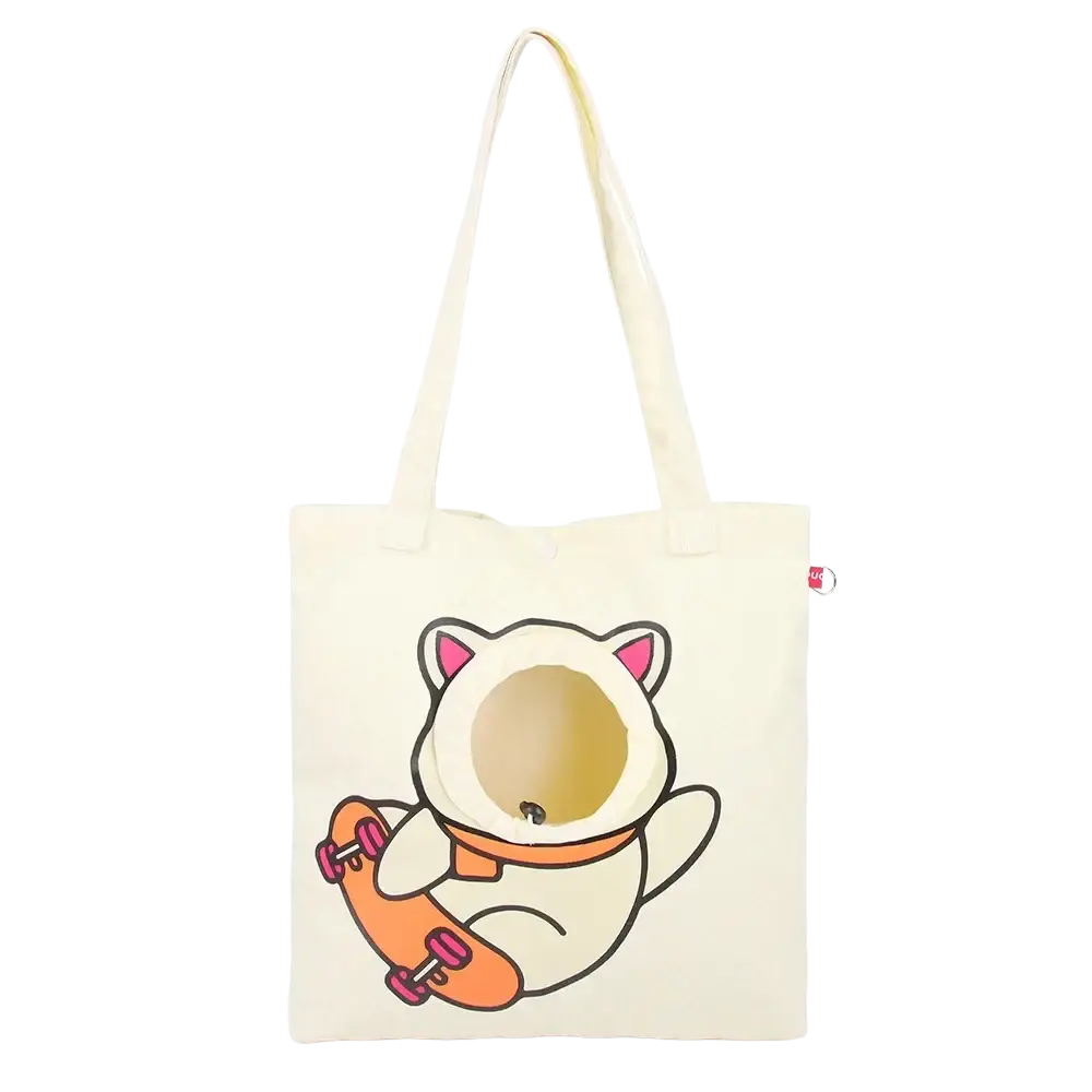 Cream-colored canvas tote bag featuring a playful cartoon cat with pink ears and orange skateboard for cat outdoor travel