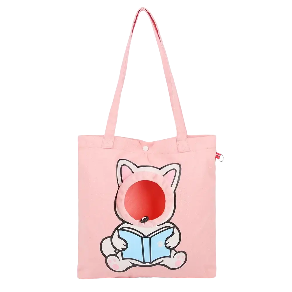 Pink canvas tote bag featuring a cartoon cat with red circular face and blue book design for pet puppy cat outdoor use