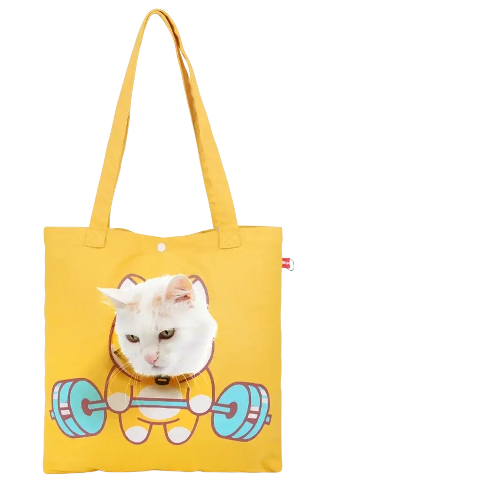 Yellow canvas tote bag with a white cat illustration holding blue dumbbells for pet puppy cat outdoor use