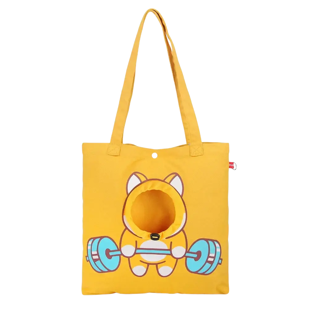 Yellow canvas tote bag featuring a cartoon corgi lifting weights for pet puppy cat outdoor travel use