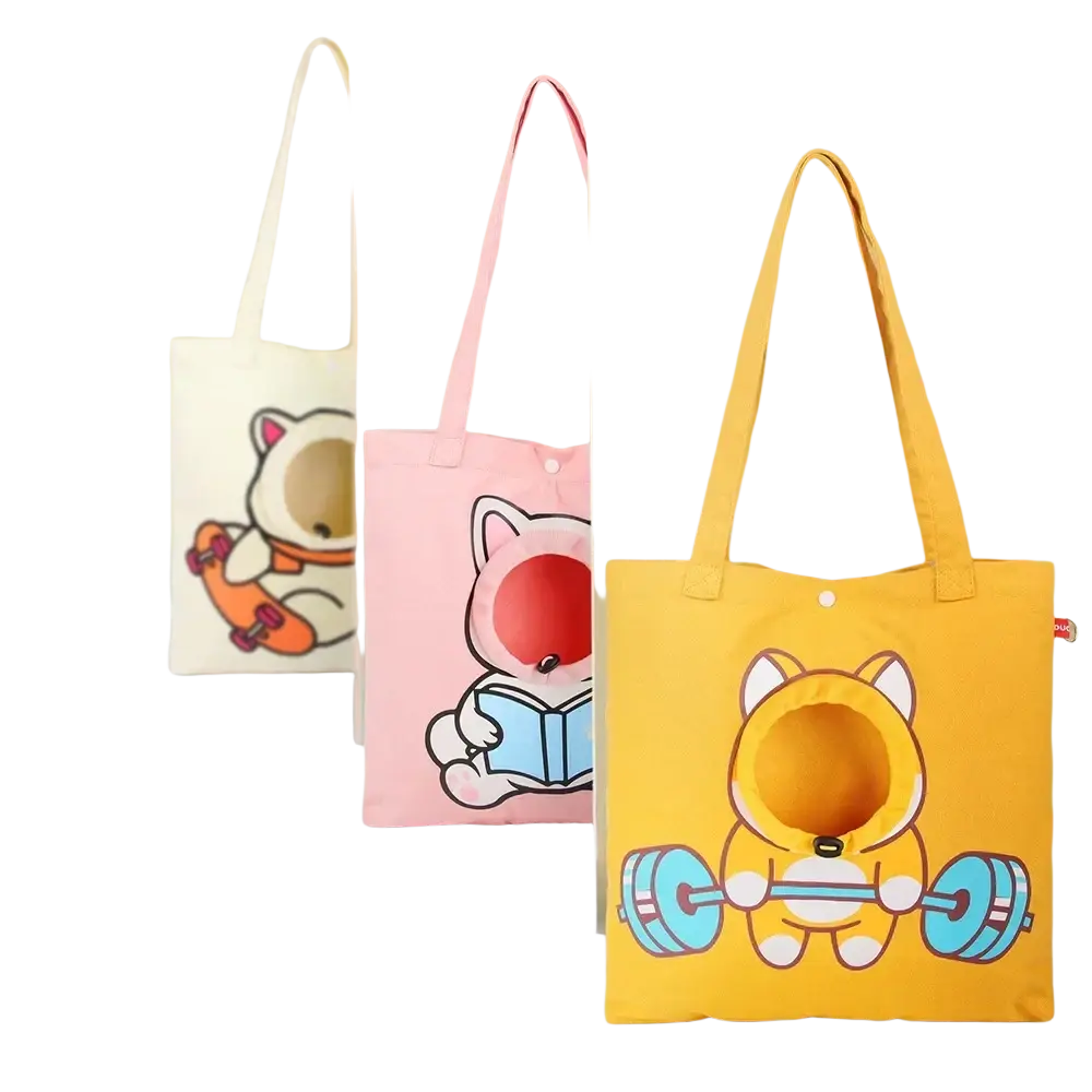 Yellow canvas pet puppy cat outdoor tote bag with cartoon cat lifting weights and orange chest opening