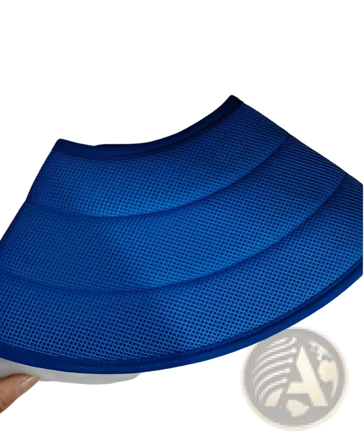 Blue mesh sun visor pet recovery collar with reinforced trim designed as an anti bite Elizabethan cone