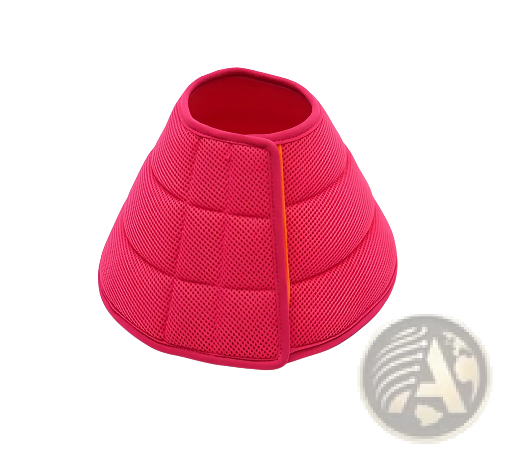A vibrant pink quilted mesh pet recovery collar with subtle orange zipper detail for anti bite protection