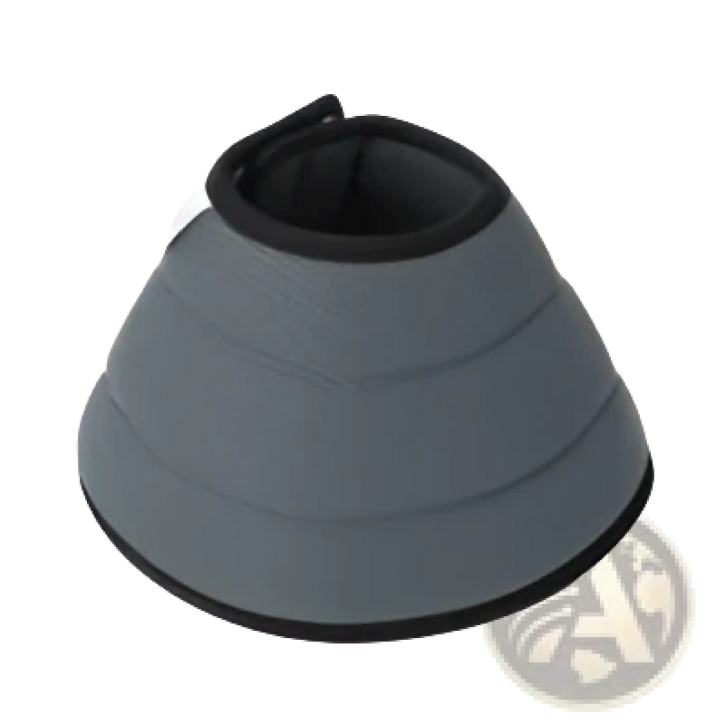 Gray woven horse bell with black trim featured on pet recovery collar anti bite cone Elizabethan circle product