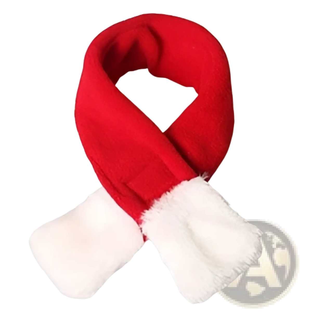 Red knit scarf with white fluffy cuffs featured as part of a pet reindeer antlers Christmas hairband accessory