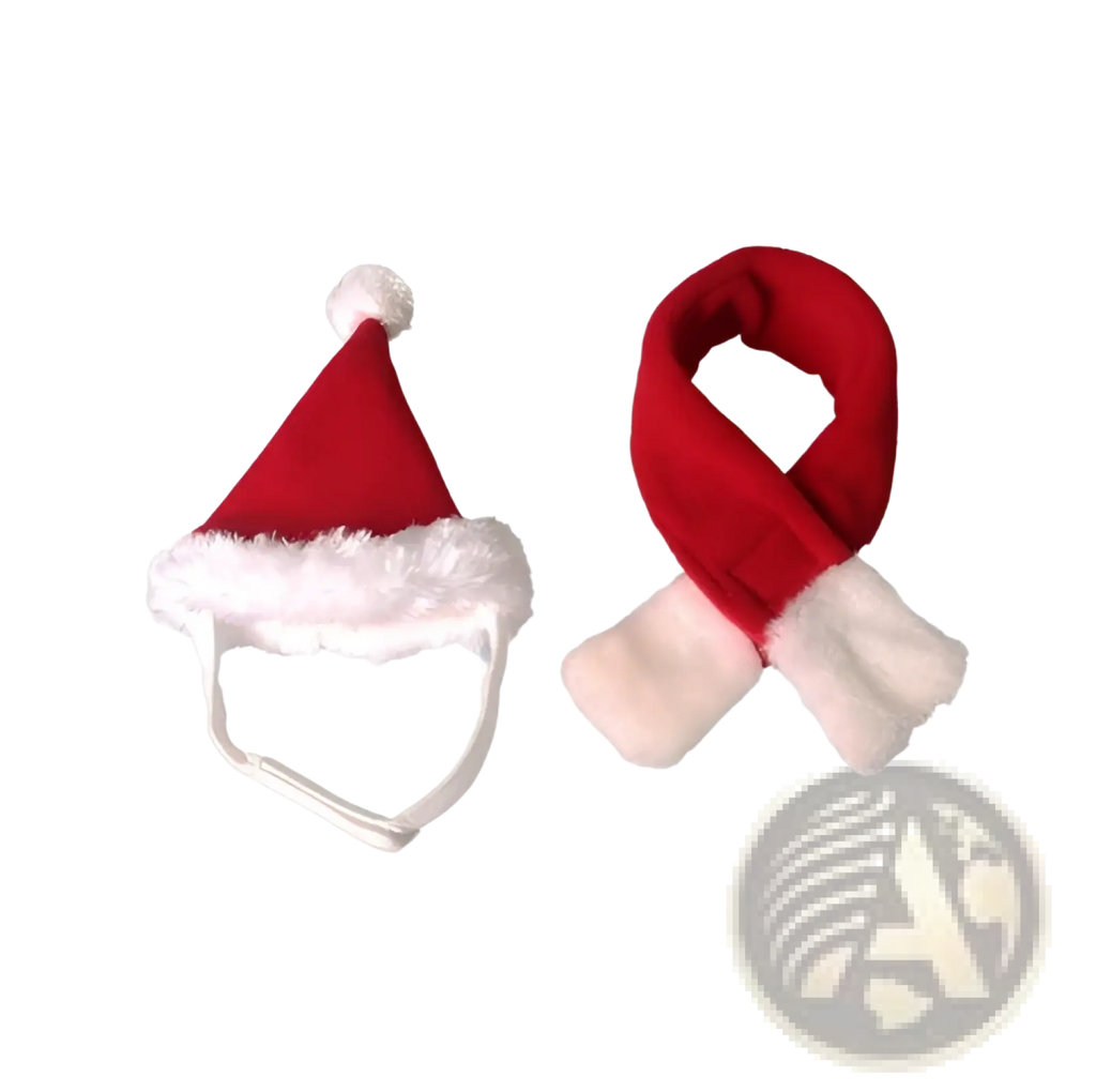 Pet reindeer antlers christmas hairband with red and white plush santa hat and matching soft fleece red scarf