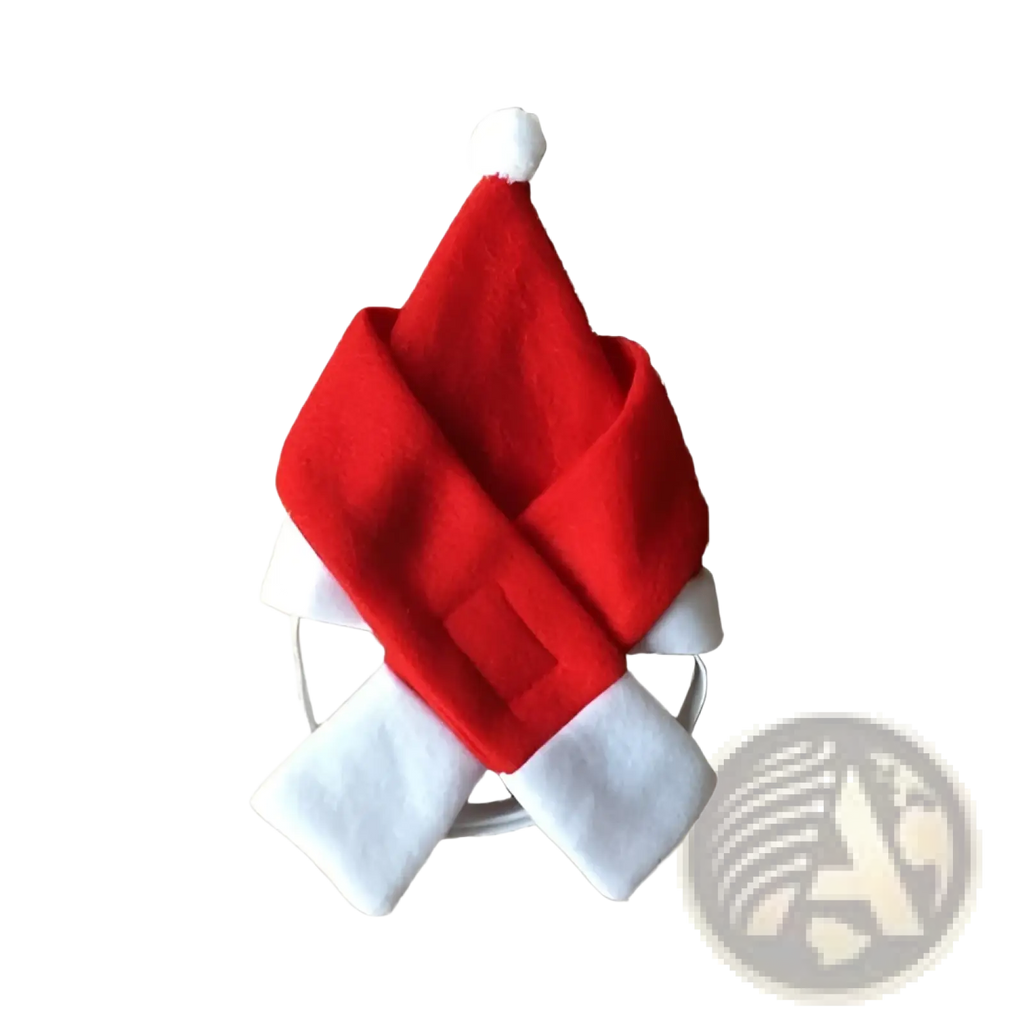 Red and white santa hat with fluffy pom-pom on top as part of pet reindeer antlers christmas hairband accessory