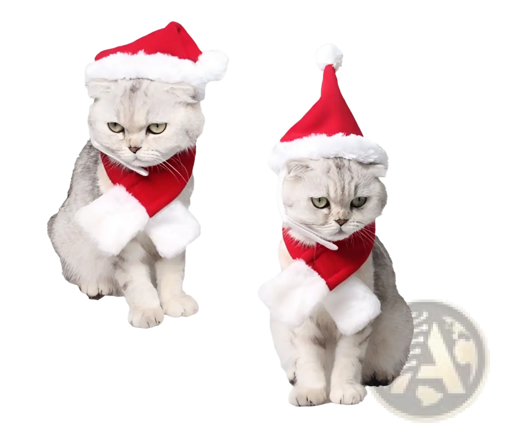 Two fluffy silver tabby cats wearing matching red and white pet reindeer antlers christmas hairband with plush scarves