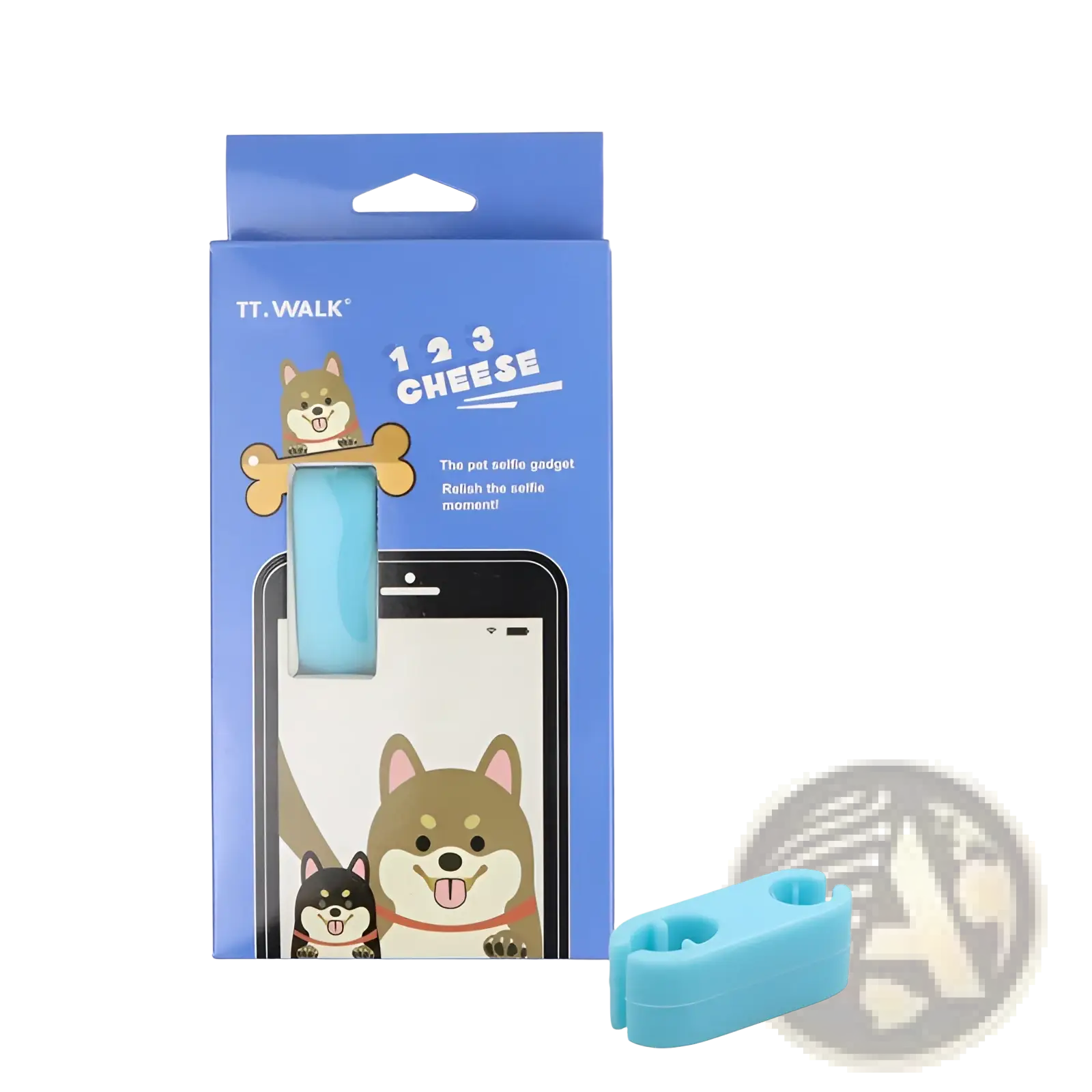 Light blue silicone pet selfie phone clip with bone-shaped clip and cartoon dog design on packaging for pet toy set