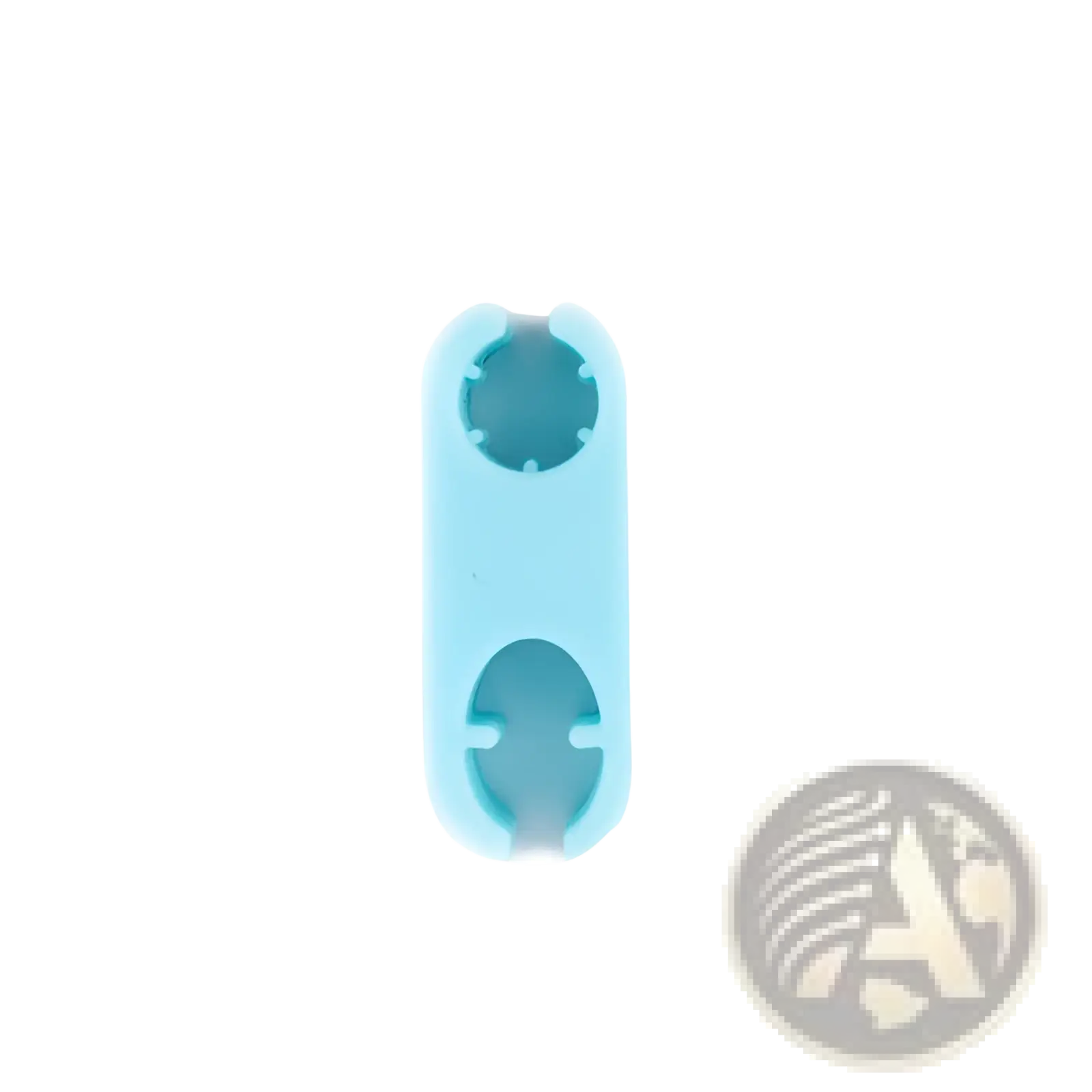 Light blue silicone pet selfie phone clip with two circular cutouts designed as a phone stand and dog toy set